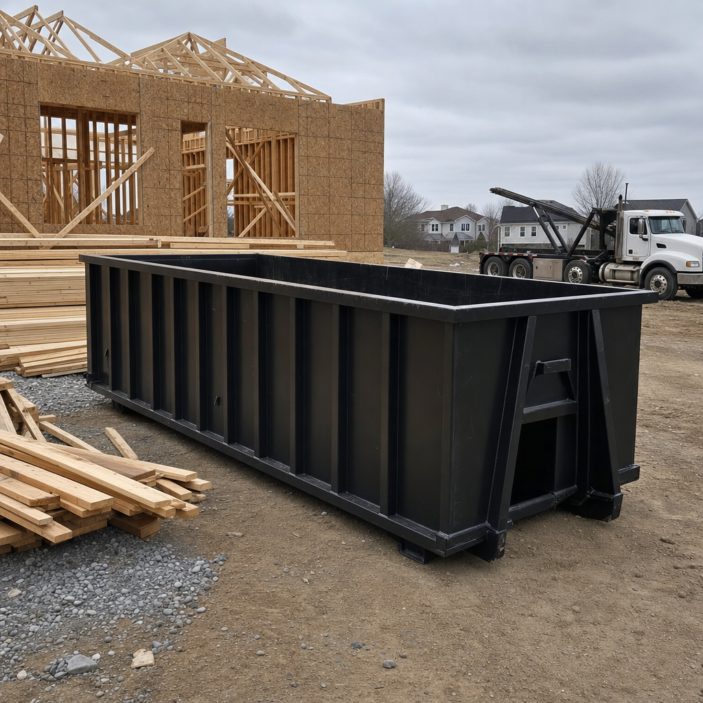 Matte-black 40-yard roll-off dumpster staged on a framed-out residential construction site in Dallas, framing lumber stacked nearby, hooklift delivery truck visible in the background under bright Colorado daylight