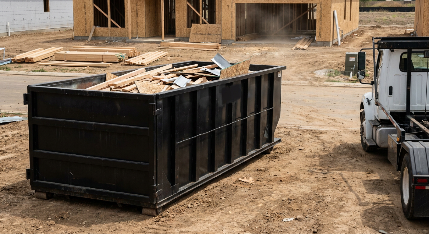 Matte-black 20-yard roll-off construction dumpster with heavy ribbed steel sidewalls and swing rear doors at a working jobsite in Dallas, sitting directly on compacted dirt with an unmarked white hauler partially visible at the far edge of the frame.