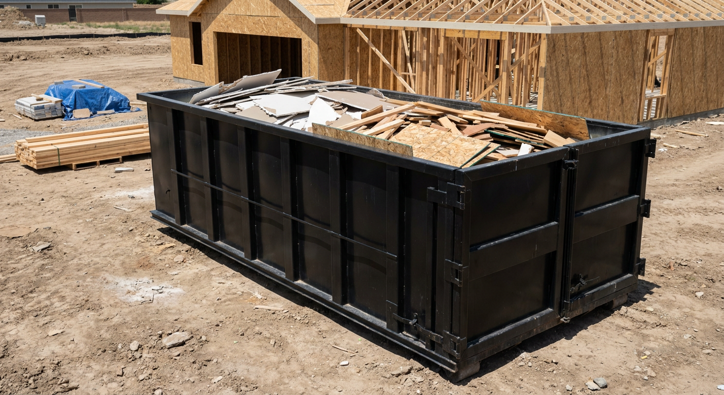 Matte-black 30-yard roll-off construction dumpster sitting directly on the compacted-dirt site of a framed single-family home build in Dallas, drywall and lumber scrap loaded inside.