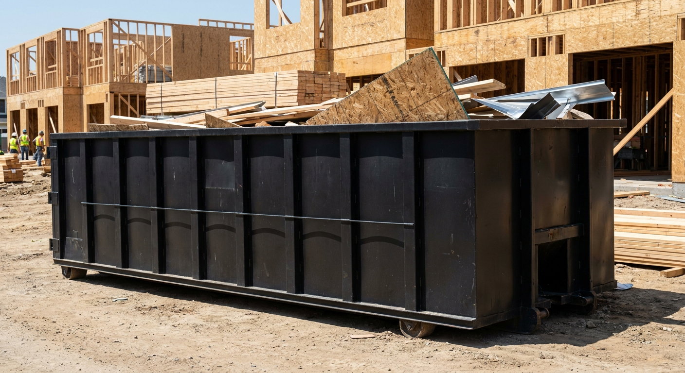 Matte-black 40-yard roll-off construction dumpster being lowered from a white-cab hooklift delivery truck onto the compacted-dirt jobsite at a commercial build site in Dallas