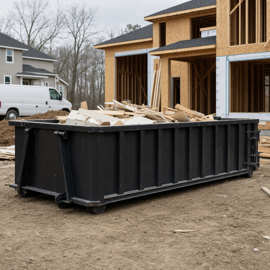 Worker in a yellow high-visibility vest tossing framing lumber and broken drywall into a matte-black 30-yard construction roll-off dumpster on an active build site in Dallas, bright daylight