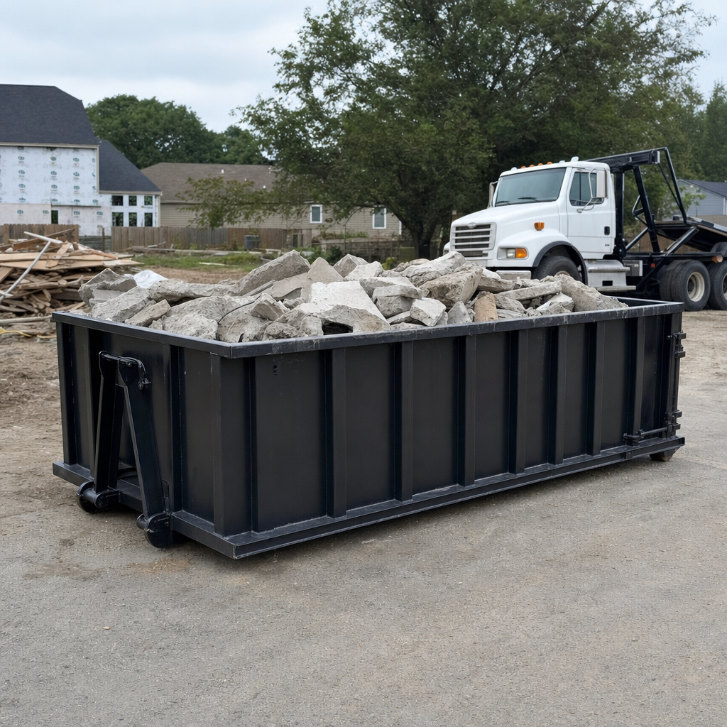 Low-profile matte-black lowboy roll-off dumpster loaded with broken concrete slab and rebar at a foundation tear-out in Dallas, skid steer parked beside it, sunny Colorado morning
