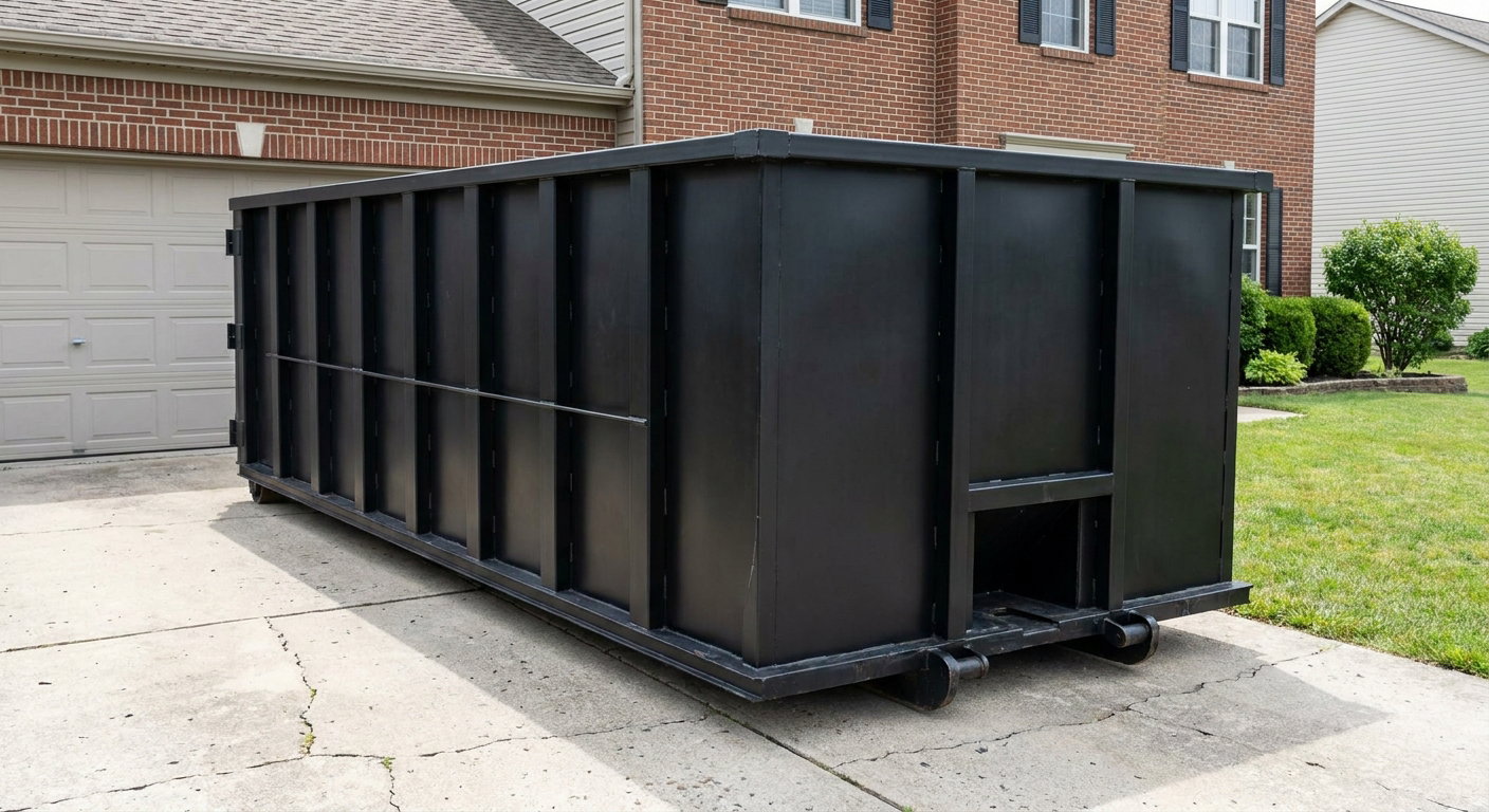 Matte-black 20-yard roll-off container on a Dallas residential concrete driveway with reinforced ribbed steel sidewalls and a hinged rear walk-in door, clean bright daylight.