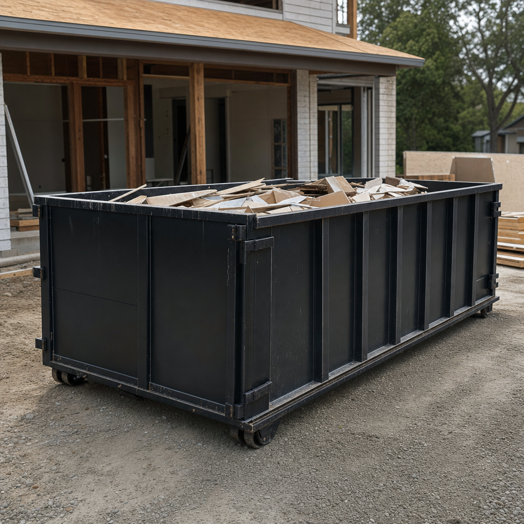 Large matte-black 30-yard construction roll-off dumpster at an active Dallas jobsite, steel-gray top rails and bottom rollers visible, loaded with construction debris.