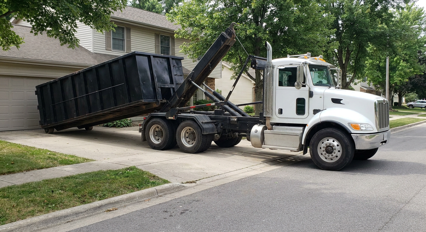 White-cab hooklift roll-off truck actively lowering a matte-black dumpster onto a Dallas residential concrete driveway, the dumpster's rear wheels touching the driveway as the hoist arm tilts the bed forward, mid-morning daylight.