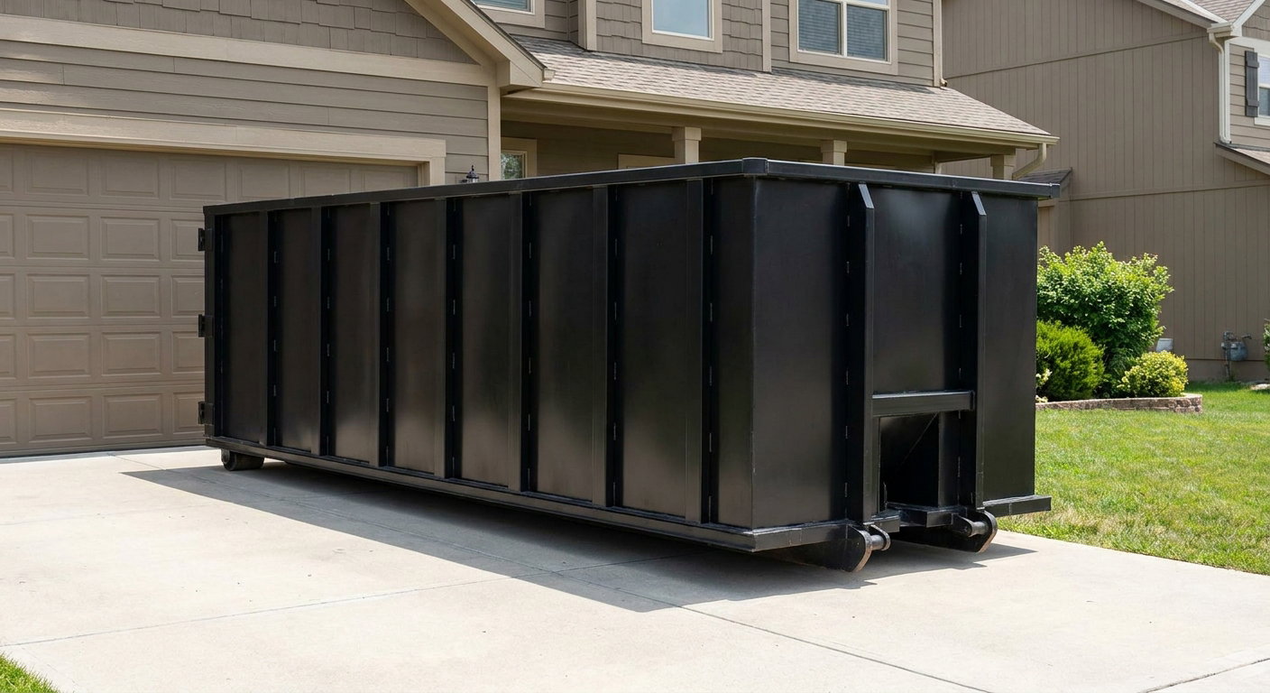 Matte-black residential roll-off dumpster sitting directly on a suburban Dallas concrete driveway, garage door closed, single-family home in background, bright morning daylight.