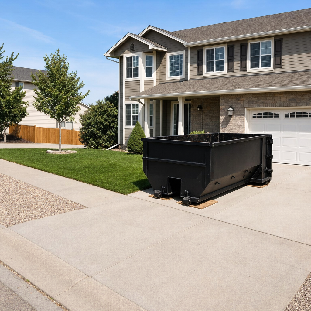 10-yard matte-black residential dumpster placed directly on a narrow Dallas concrete driveway, room remains for a parked sedan beside it, mid-morning natural light