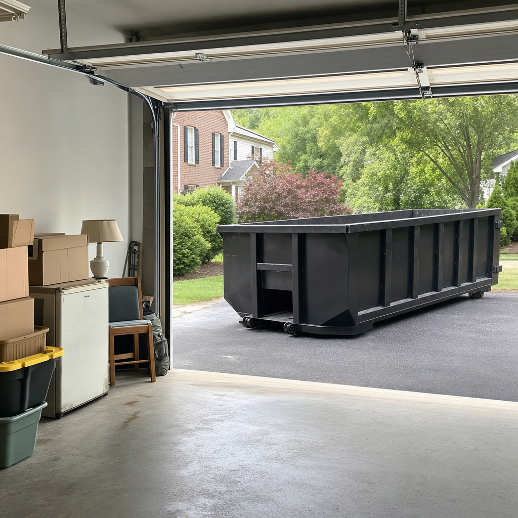 Open garage interior in a Dallas home mid-cleanout — boxed items, an old appliance, and stacked yard tools queued near the driveway for a matte-black roll-off dumpster, organized and calm