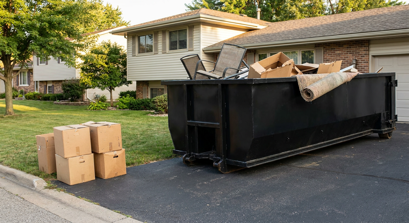 Front-yard view of a Dallas split-level home with a 20-yard matte-black roll-off dumpster sitting directly on the asphalt driveway, a few clearly labeled donation boxes staged at the curb, calm sunny afternoon.