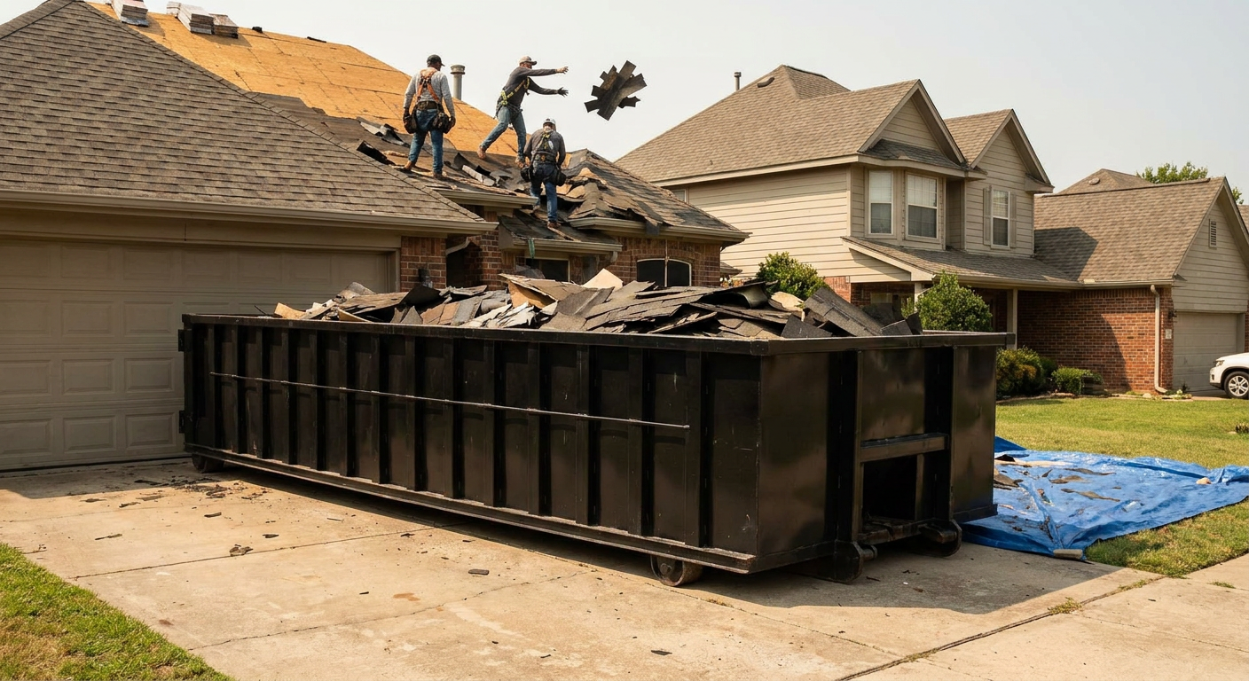 Matte-black roofing roll-off dumpster placed directly on a Dallas residential concrete driveway, a tear-off crew on a two-story asphalt-shingle roof tossing shingle bundles into the low-walled container, bright daylight, documentary 35mm perspective.