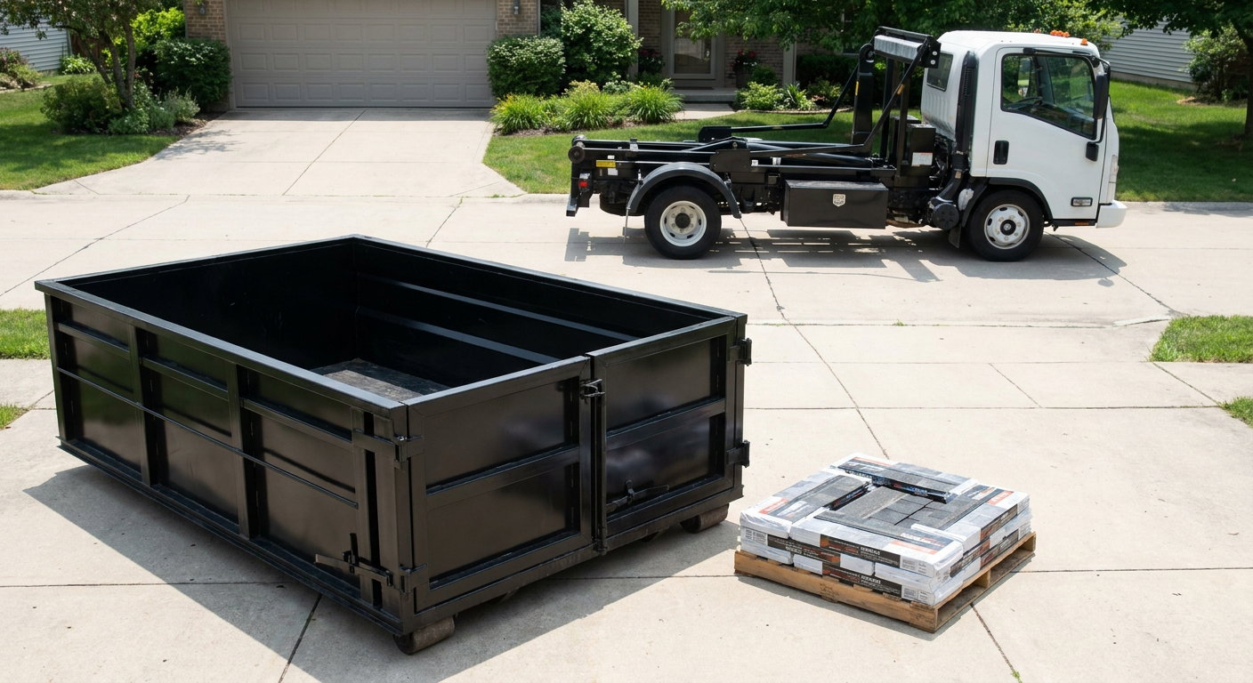 Matte-black 15-yard roofing roll-off dumpster with reinforced low side walls sitting directly on a Dallas residential concrete driveway, three-tab asphalt shingle bundles stacked nearby, an unmarked white hauler truck partially visible at the edge of the frame.
