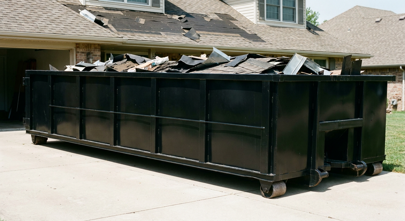 Matte-black 20-yard roofing roll-off dumpster with steel ribbed sides and swinging rear door, sitting directly on the concrete driveway of a two-story Dallas home, asphalt shingle debris being loaded over the low wall, clean documentary lighting.