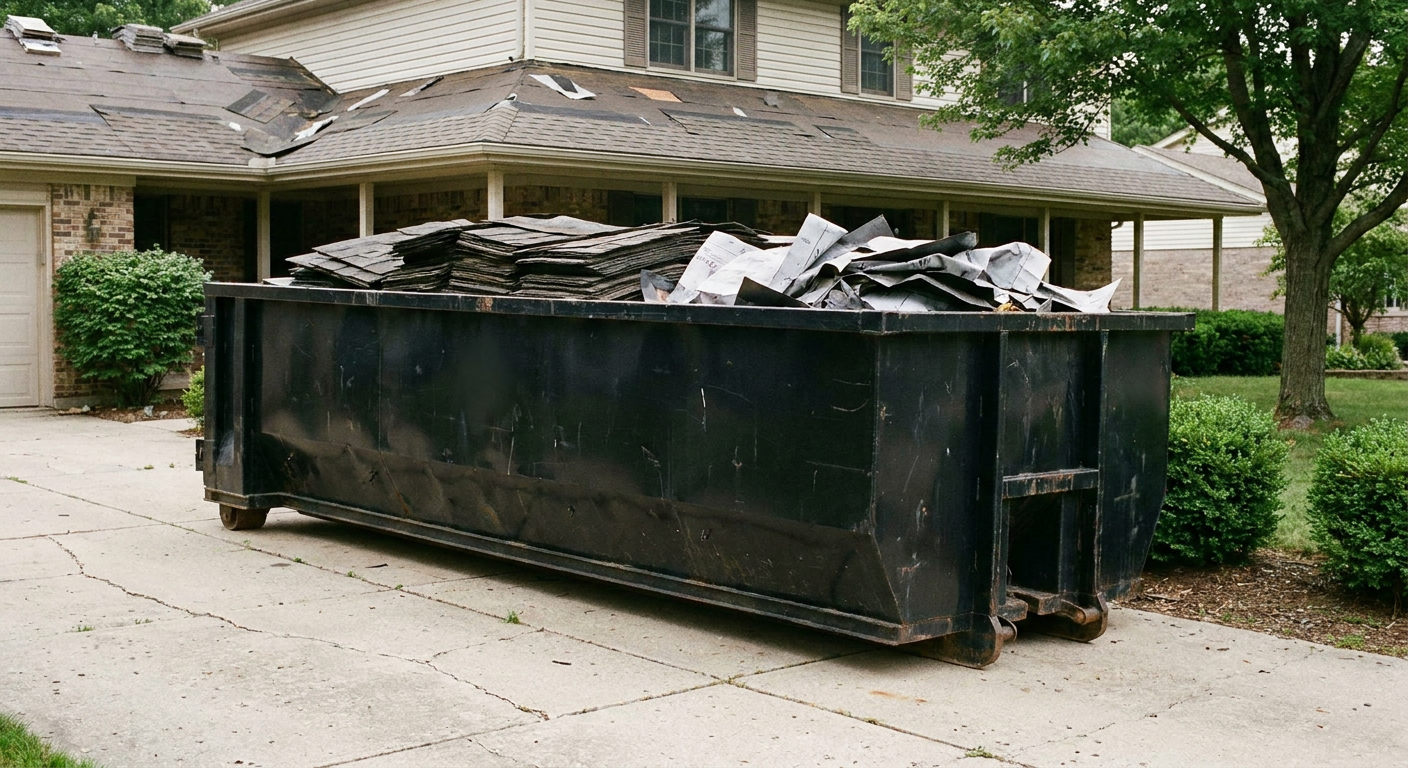 Matte-black 30-yard roofing roll-off dumpster sitting directly on a Dallas concrete driveway, taller ribbed steel side panels, mixed tear-off debris of asphalt shingles and underlayment inside, professional documentary daylight.