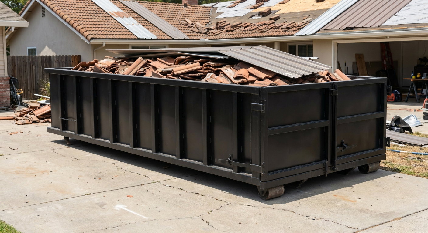 Matte-black low-wall heavy-debris roofing roll-off dumpster sitting directly on a Dallas concrete driveway, broken concrete clay roof tiles and metal panel sections loaded inside, reinforced ribbed steel side walls visible, bright outdoor daylight.