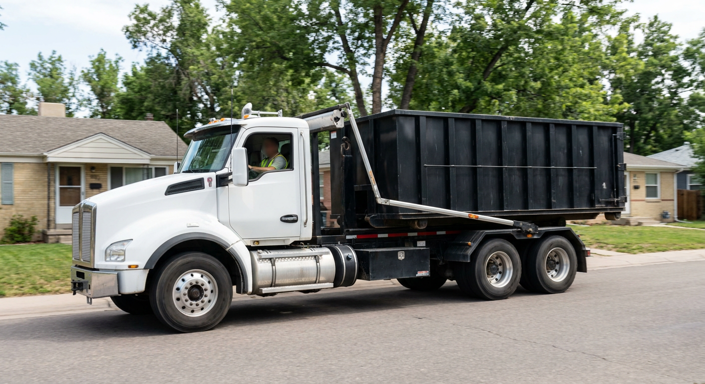 A wide documentary shot of a matte-black roll-off delivery truck pulling onto a quiet Dallas residential street at mid-morning, with neighborhood rooftops and tree-lined blocks visible behind, showing the metro coverage footprint.