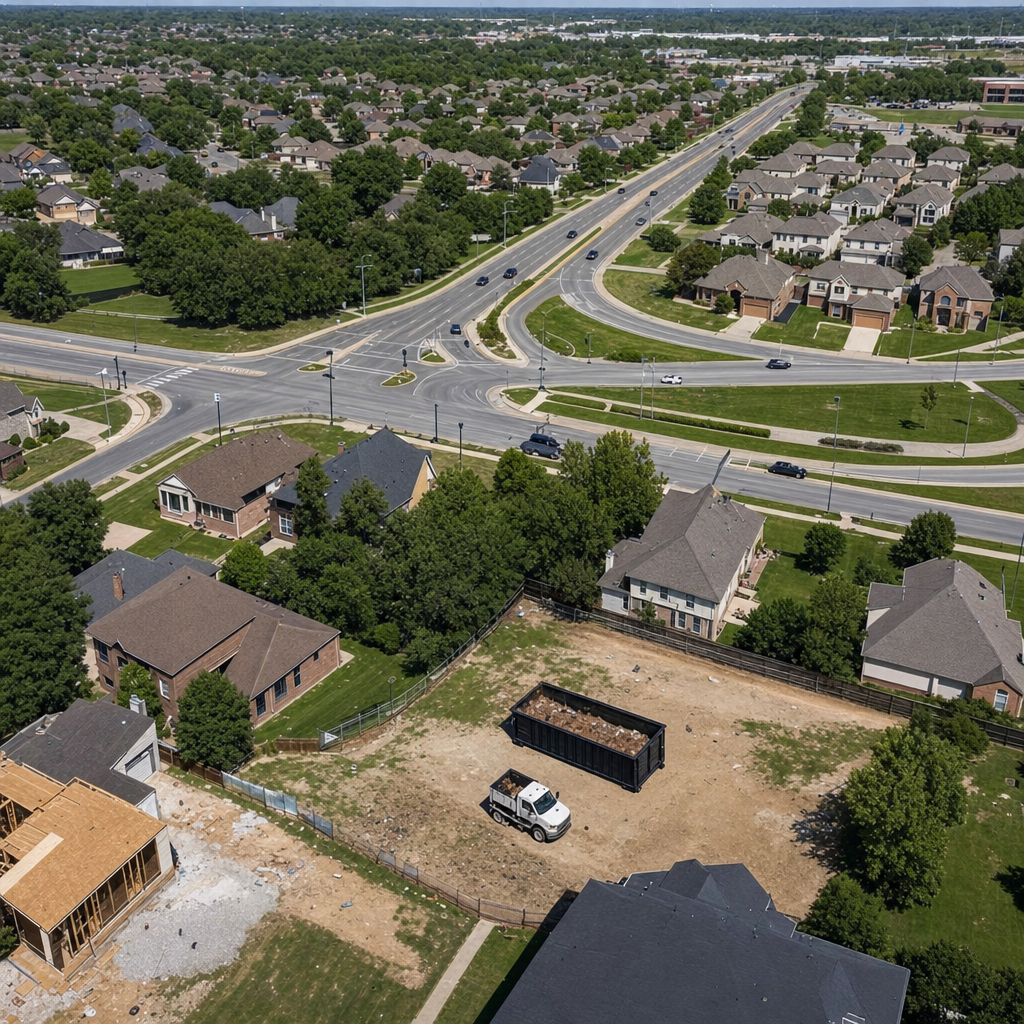 An overhead documentary view of the Dallas metro area at midday, showing the spread of neighborhoods, arterial roads, and the dispatch radius from a central yard — clean daylight, organized geographic layout.