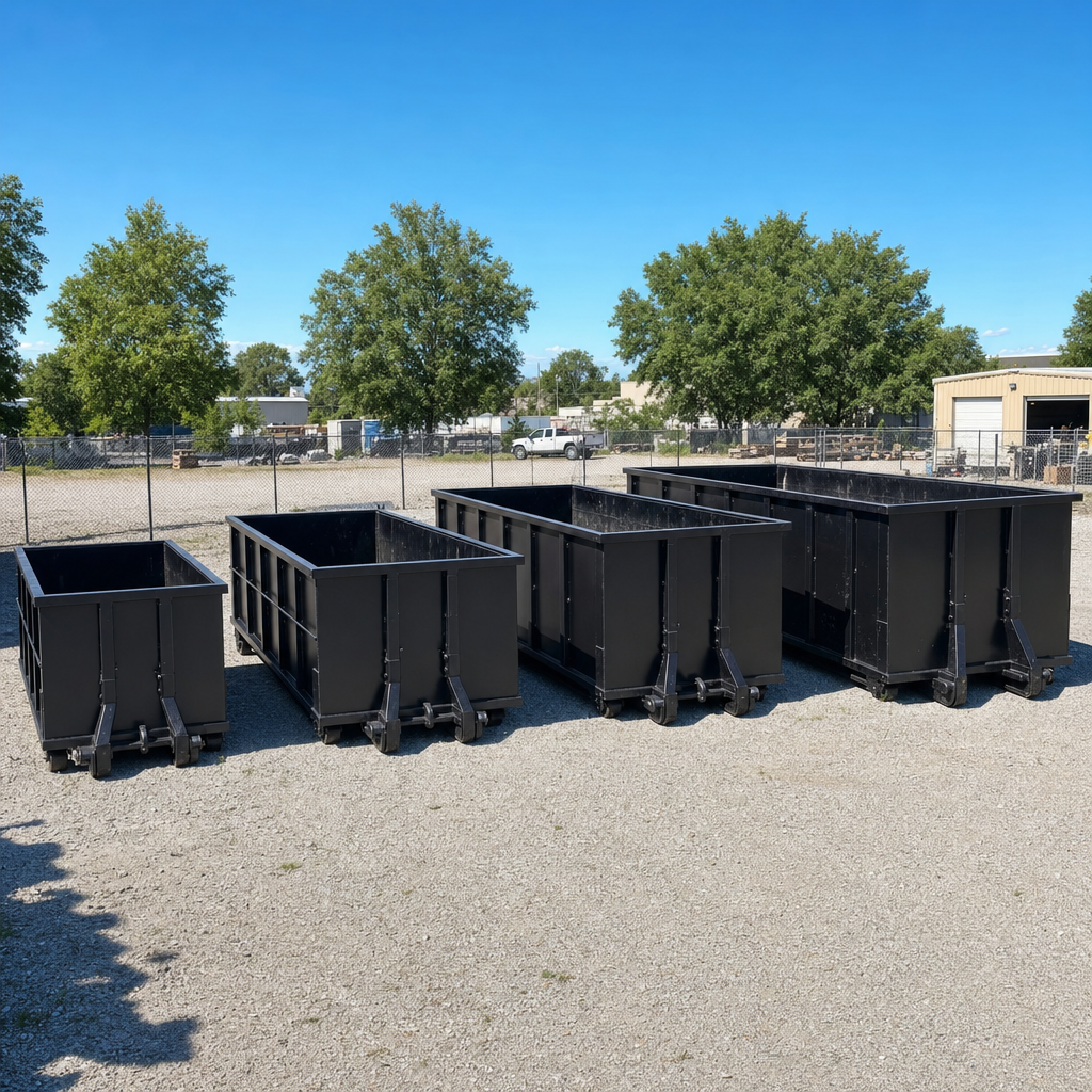 A clean lineup of matte-black roll-off dumpsters in 10, 20, 30, and 40-yard sizes staged on a sunlit gravel yard in Dallas, showing the size progression from compact to commercial-scale containers.