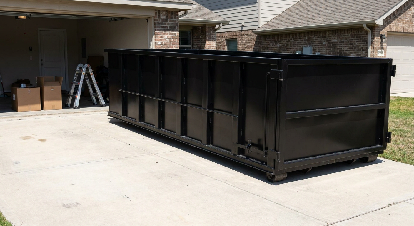 A matte-black 10-yard roll-off dumpster sitting directly on a residential Dallas concrete driveway, mid-day sunlight, clean and ready for a garage cleanout.