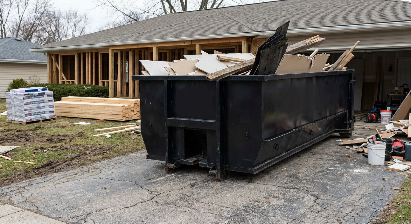 A matte-black 20-yard roll-off dumpster placed alongside a mid-renovation Dallas home directly on the asphalt driveway, with framing materials and torn-off shingles staged neatly nearby.
