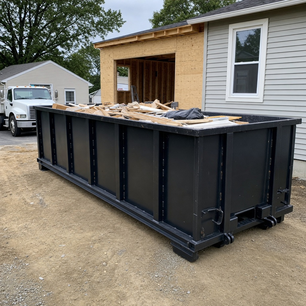 A matte-black 30-yard roll-off dumpster positioned at a Dallas residential addition jobsite, with framing lumber and drywall scraps loaded through the open swinging rear doors.
