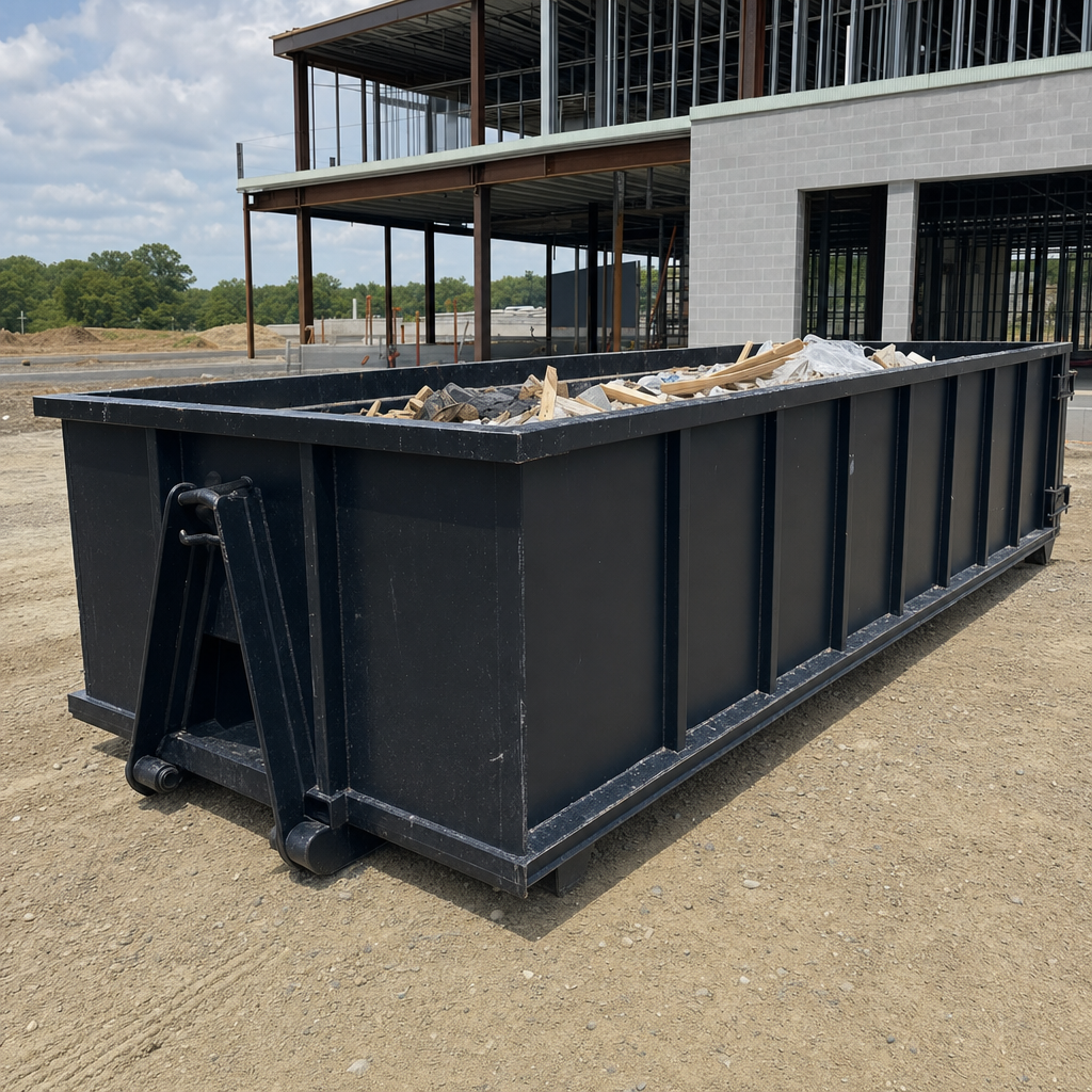 A matte-black 40-yard roll-off dumpster staged on a large Dallas commercial construction lot, with a hooklift delivery truck parked alongside under bright midday sky.