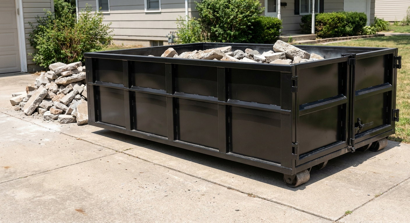 A matte-black low-side heavy-debris roll-off dumpster placed directly on a Dallas concrete driveway, with broken concrete chunks neatly stacked beside it under clean daylight.